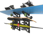 Snowboard, skateboard and skis stored on the Trifecta racks