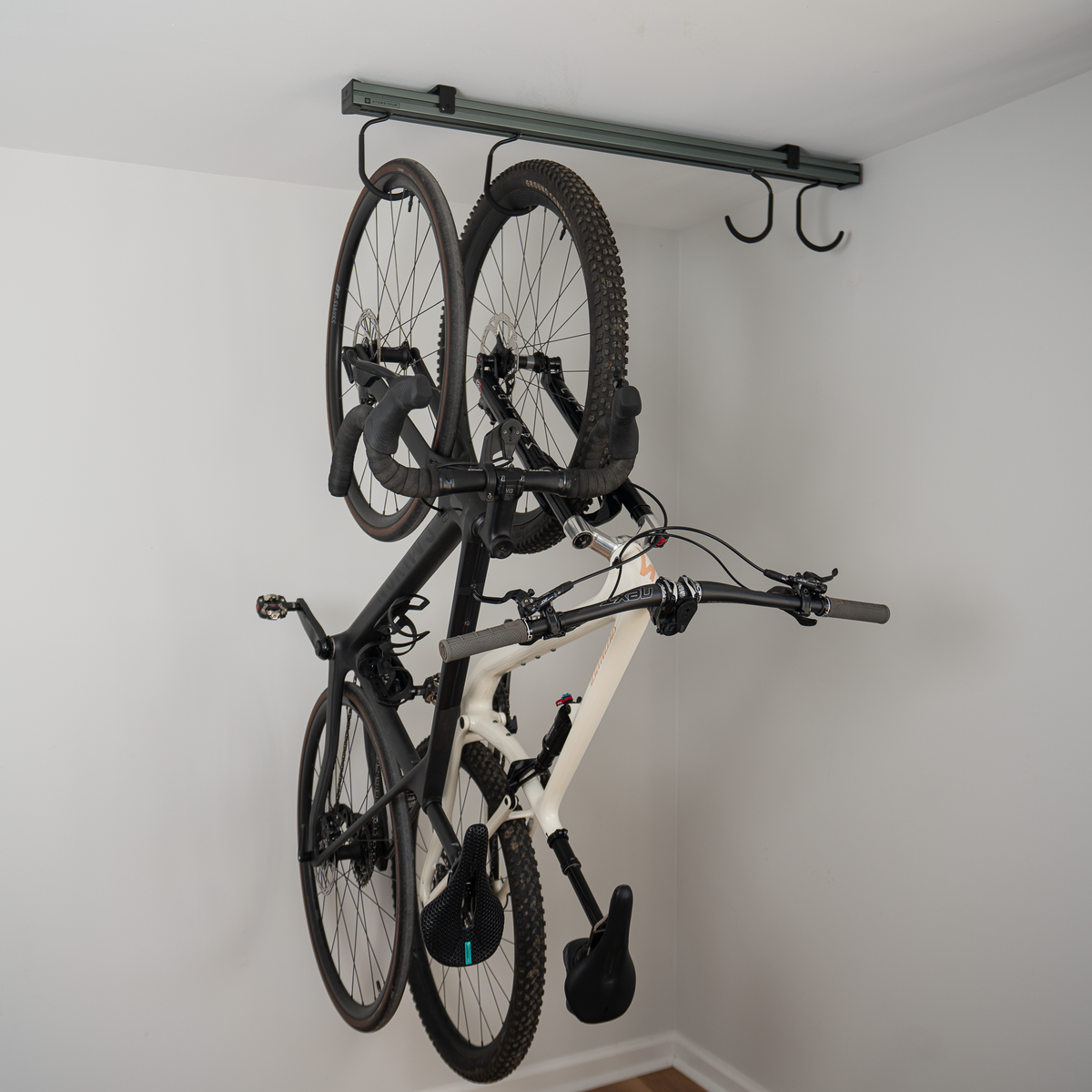 Bikes hanging from the ceiling-mounted CycleSlide sliding track