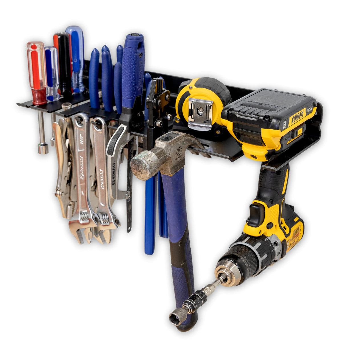 Hand tool organizer holding screwdrivers, pliers, wrenches, a hammer and a drill