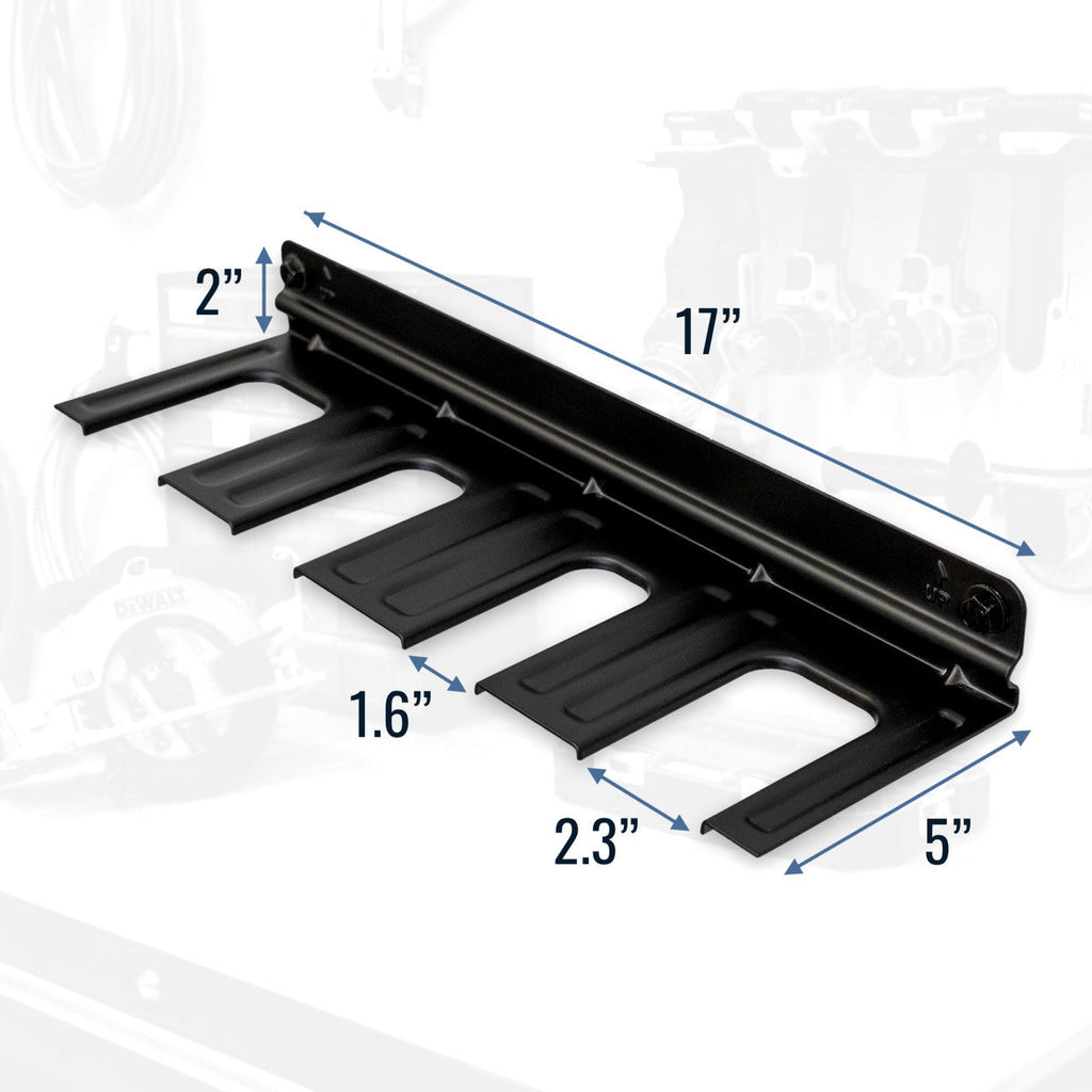 Power tool rack dimensions: 17 in long, 5 in deep, 2.3 in slots, 2 in tall
