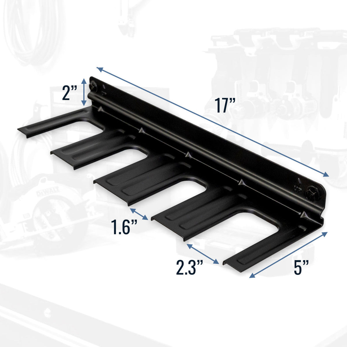 Power tool rack dimensions: 17 in long, 5 in deep, 2.3 in slots, 2 in tall