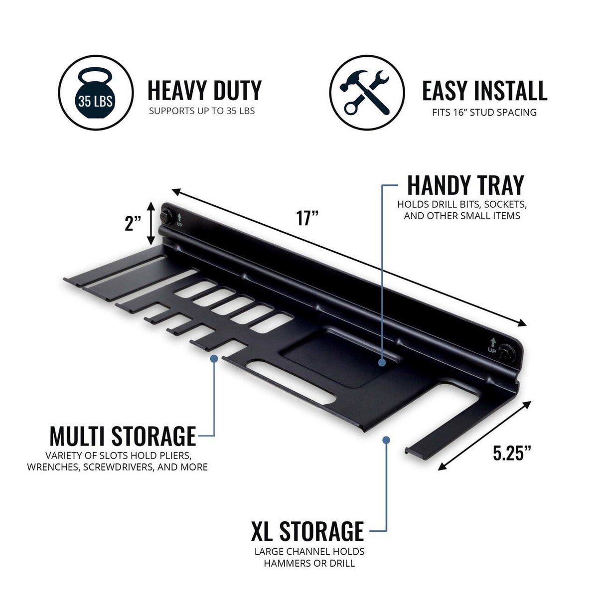 Hand tool organizer features: heavy duty, easy install, handy tray, multi storage and XL storage slots; 17 in long
