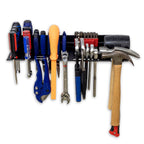 Hand tool organizer holding screwdrivers, adjustable wrenches, pliers and a hammer