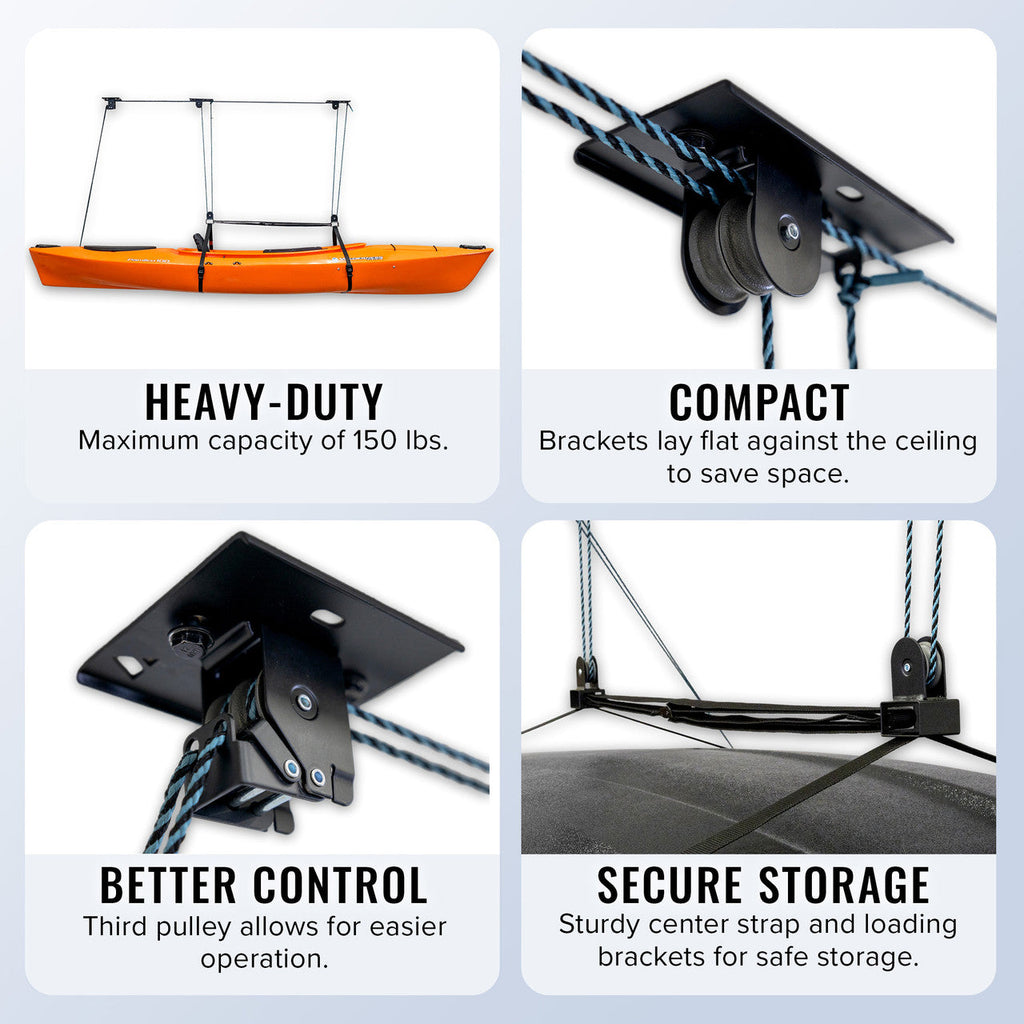 EasyLift hoist features: heavy-duty 150 lb capacity, compact brackets, better control, secure storage