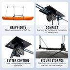 EasyLift hoist features: heavy-duty 150 lb capacity, compact brackets, better control, secure storage