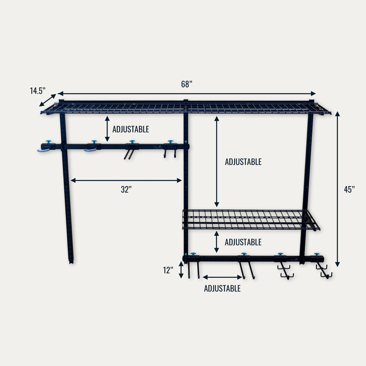 G-Adventure Pro dimension drawing with adjustable shelves and hooks