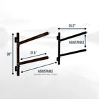 Shenandoah 2-level rack dimensions: 30 in tall, 26.5 in arms, adjustable spacing