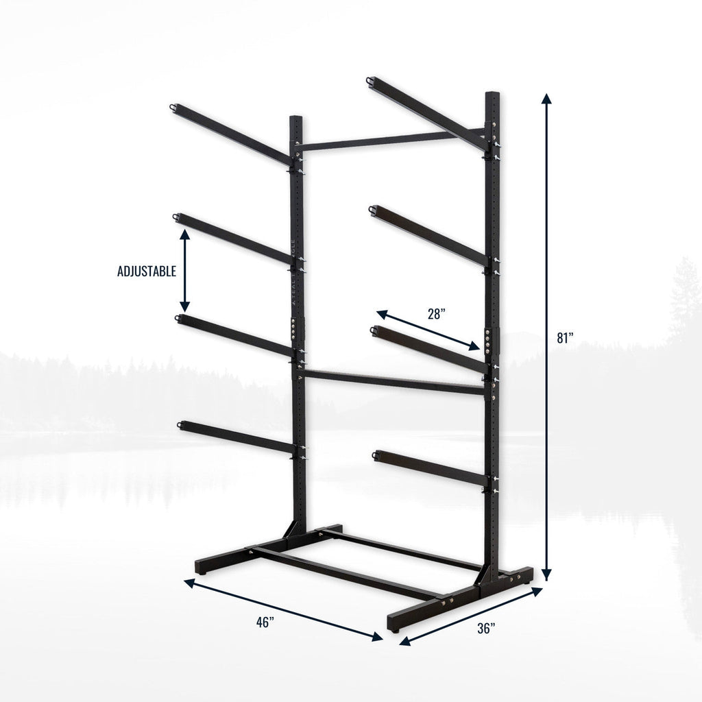 Freestanding 4-level kayak rack dimension drawing with adjustable arms