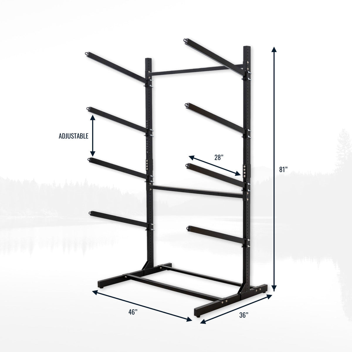 Freestanding 4-level kayak rack dimension drawing with adjustable arms