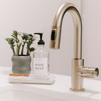 Cream stoneware tray holding a clear dish soap dispenser and a small plant by a sink