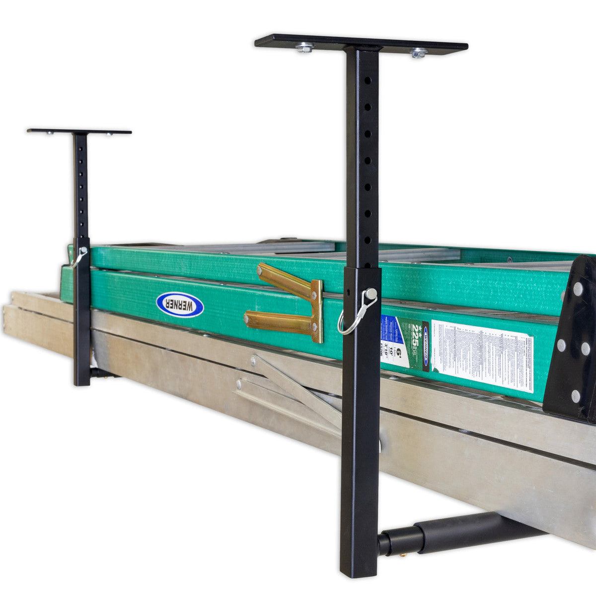 Ladder and lumber stored on the single ceiling rack