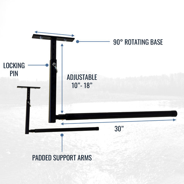 Hi-Port 2 diagram: 90-degree rotating base, locking pin, adjustable 10 to 18 in drop, 30 in padded support arms