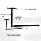 Hi-Port 2 diagram: 90-degree rotating base, locking pin, adjustable 10 to 18 in drop, 30 in padded support arms