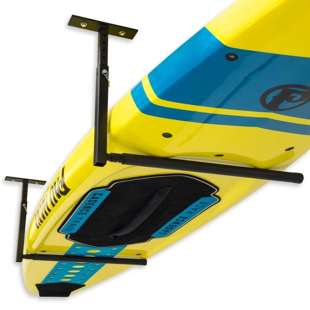 Paddleboard held on the single ceiling rack, viewed from below