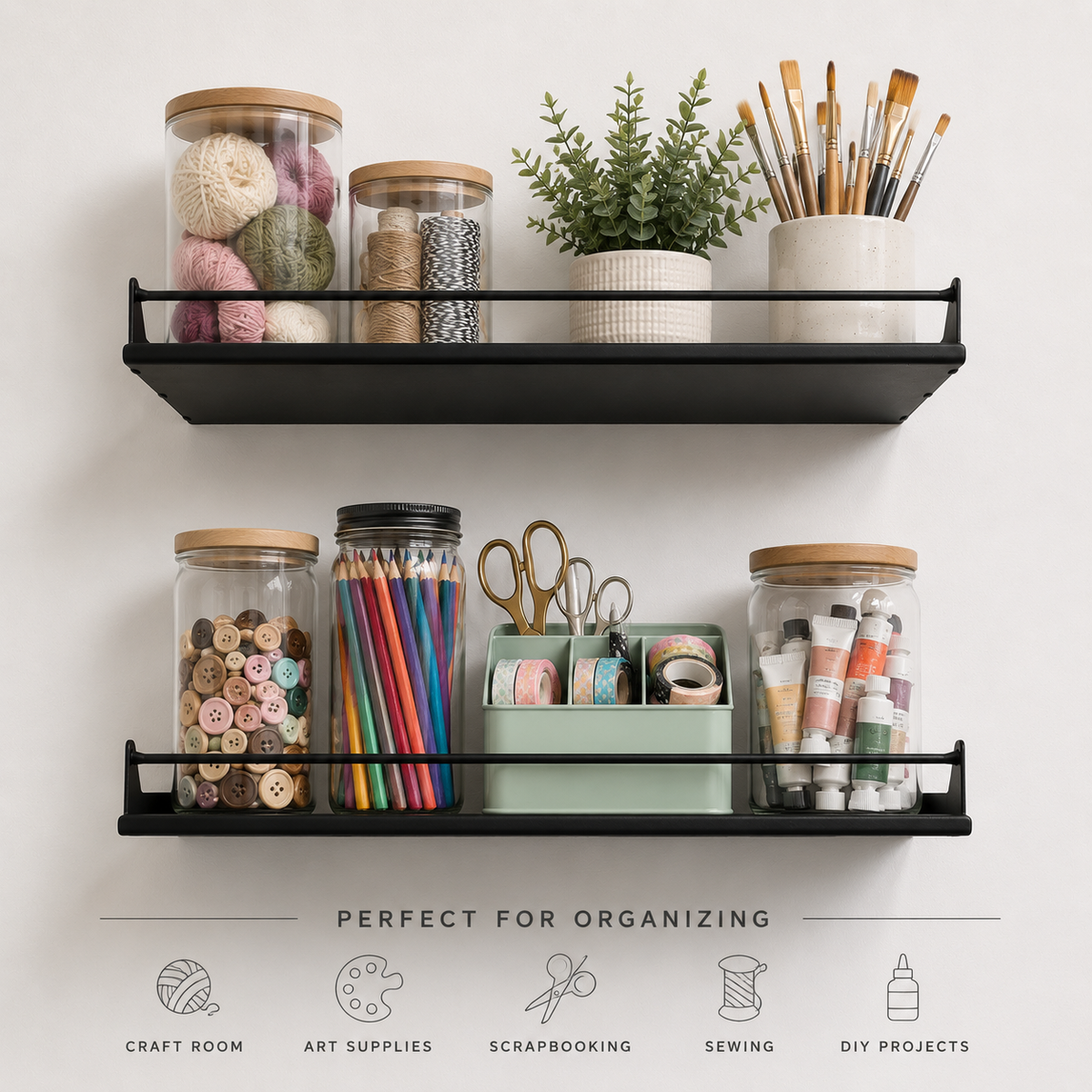 Haven shelves holding craft supplies, jars and a plant