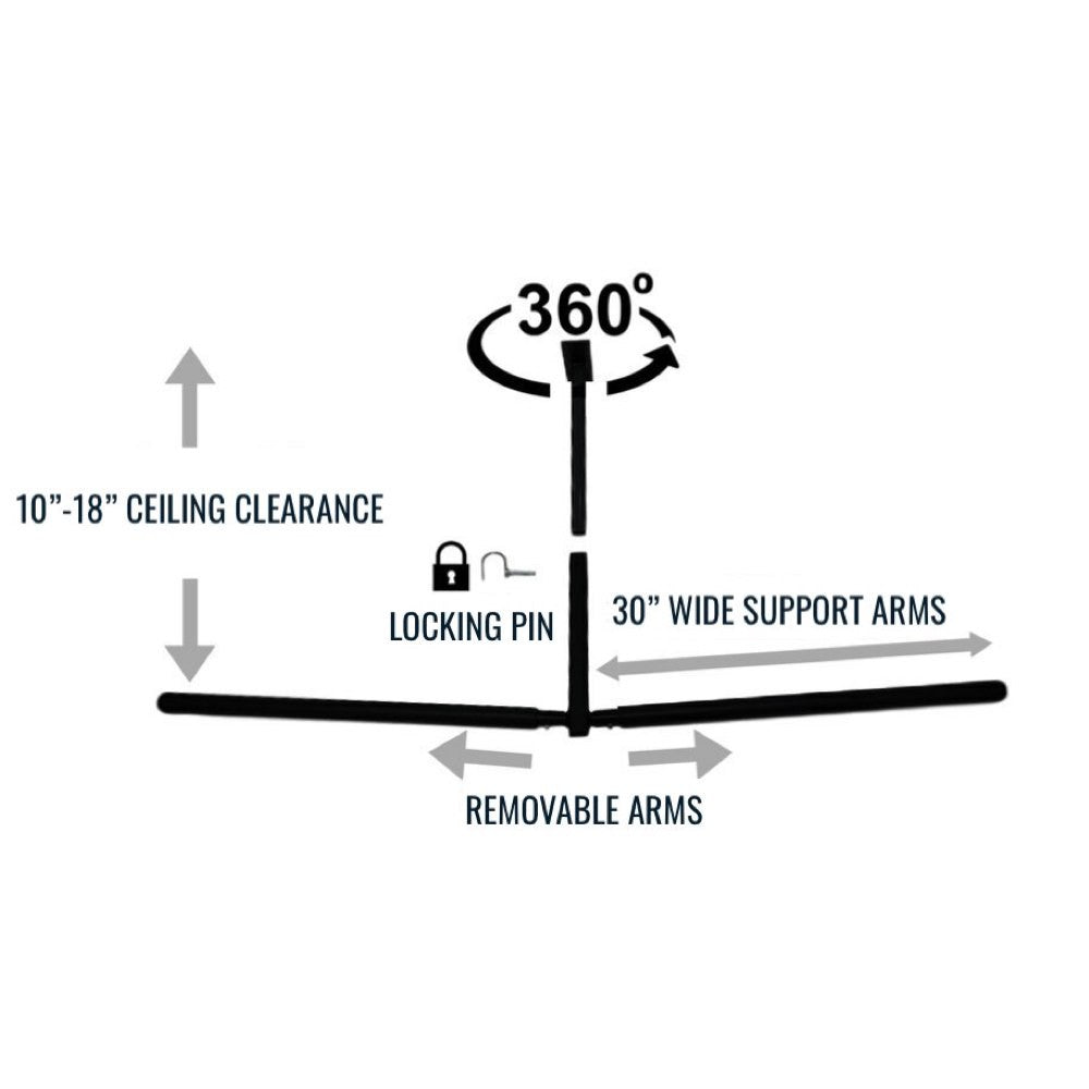Hi-Port 2 diagram: rotating base, locking pin, 10 to 18 in ceiling clearance, 30 in wide removable support arms