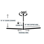 Hi-Port 2 diagram: rotating base, locking pin, 10 to 18 in ceiling clearance, 30 in wide removable support arms