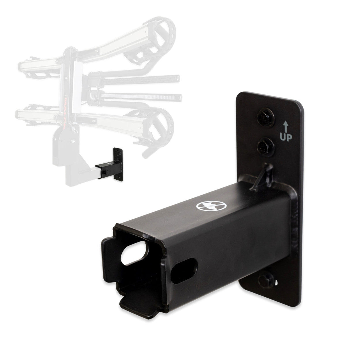 Black 1.25-inch hitch wall mount with a hitch bike rack stored in it