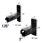 Dimensions of the 1.25-inch and 2-inch hitch wall mounts: 6 in deep with a 7.5 in tall plate