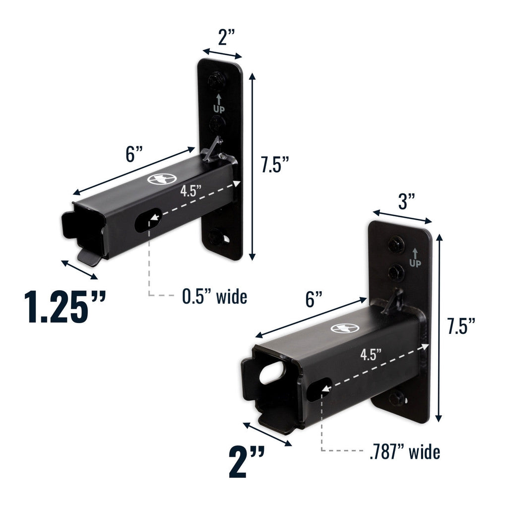 Dimensions of the 1.25-inch and 2-inch hitch wall mounts: 6 in deep with a 7.5 in tall plate