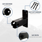 Hitch wall mount features: easy load design, heavy-duty hardware and a slot for the hitch pin
