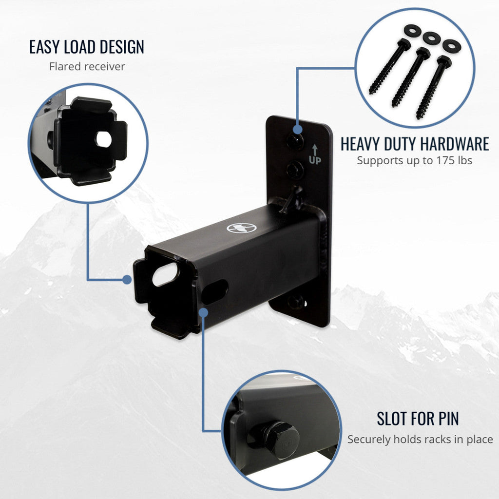 Hitch wall mount features: easy load design, heavy-duty hardware and a slot for the hitch pin