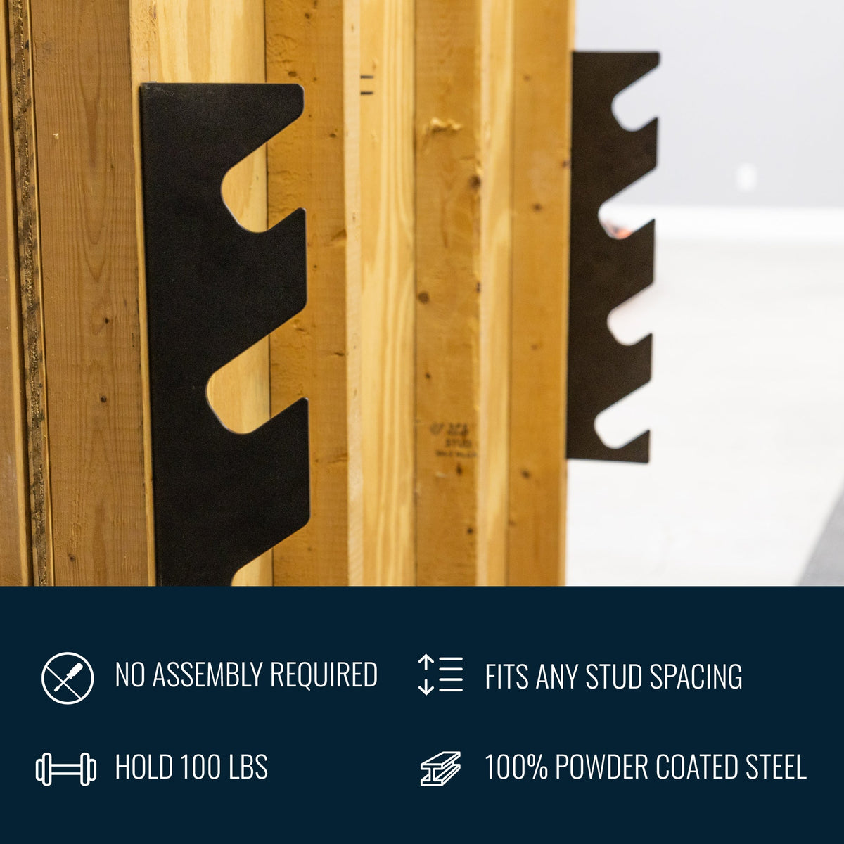 Tool organizer on a wall stud: no assembly required, fits any stud spacing, holds 100 lb, powder-coated steel
