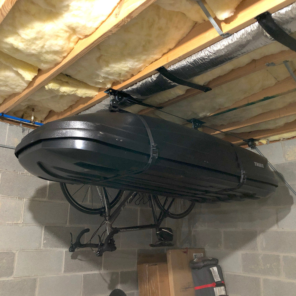 Cargo box stored on the hoist in a basement ceiling
