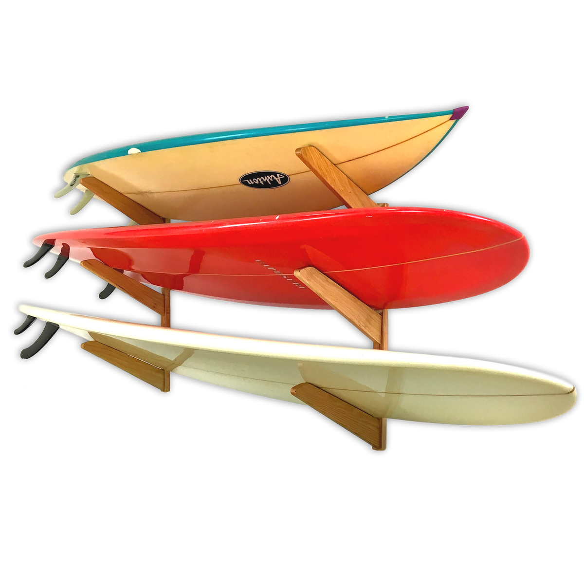 Surfboards stored on the TidyTimber 3-level wood wall rack
