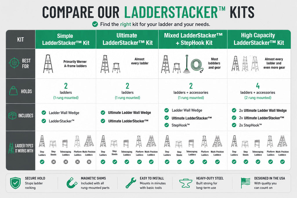 Comparison chart of the four LadderStacker kits and what each holds
