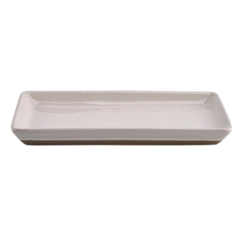 Cream speckled stoneware tray, side view
