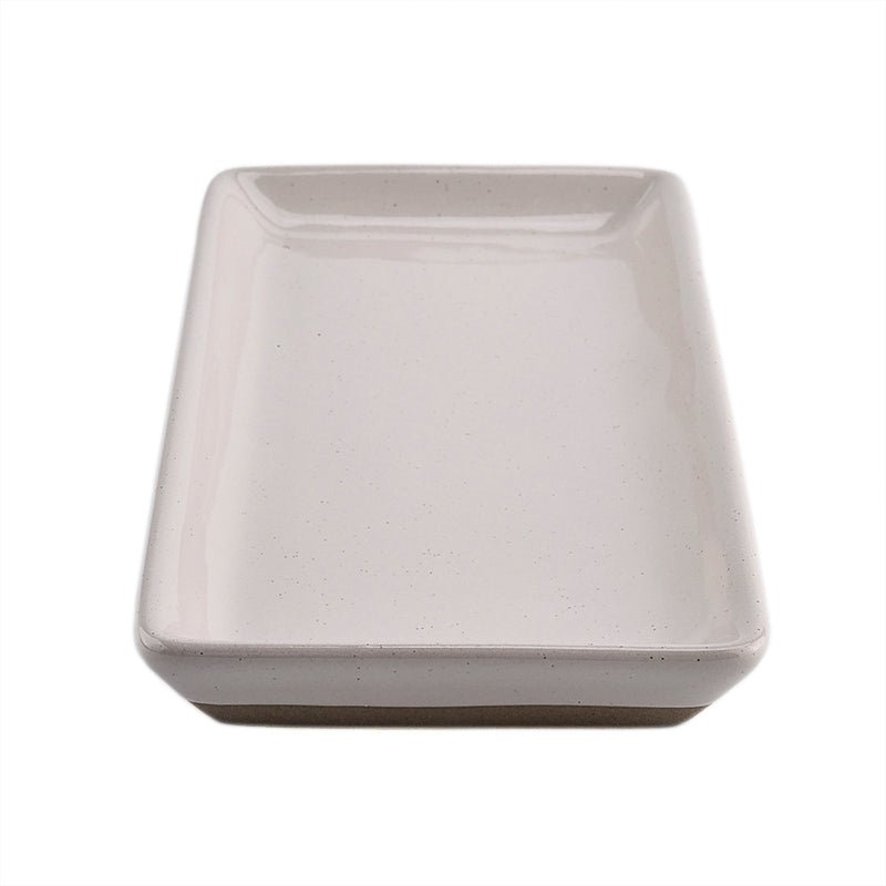 Cream speckled stoneware tray, top view