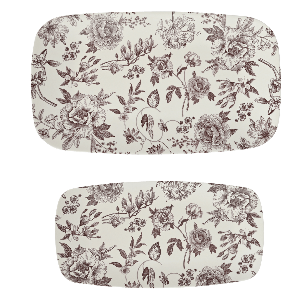 Two stacking rectangular melamine trays with brown Delft floral pattern