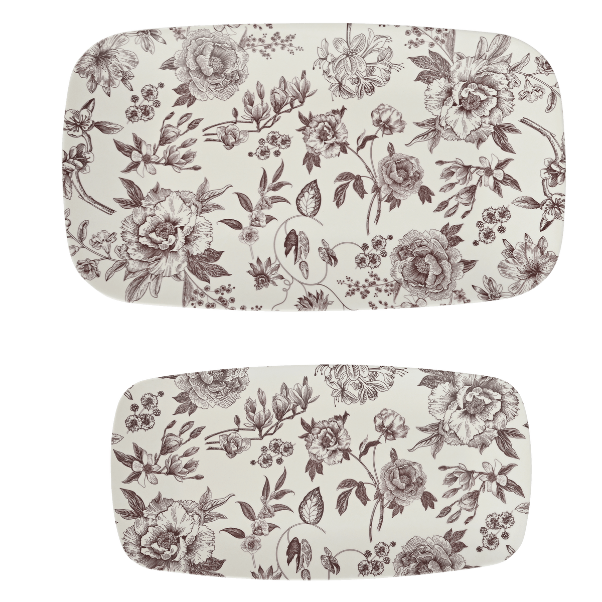 Two stacking rectangular melamine trays with brown Delft floral pattern