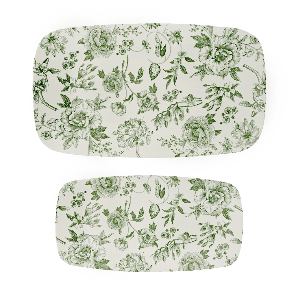 Two stacking rectangular melamine trays with green Delft floral pattern