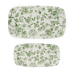 Two stacking rectangular melamine trays with green Delft floral pattern