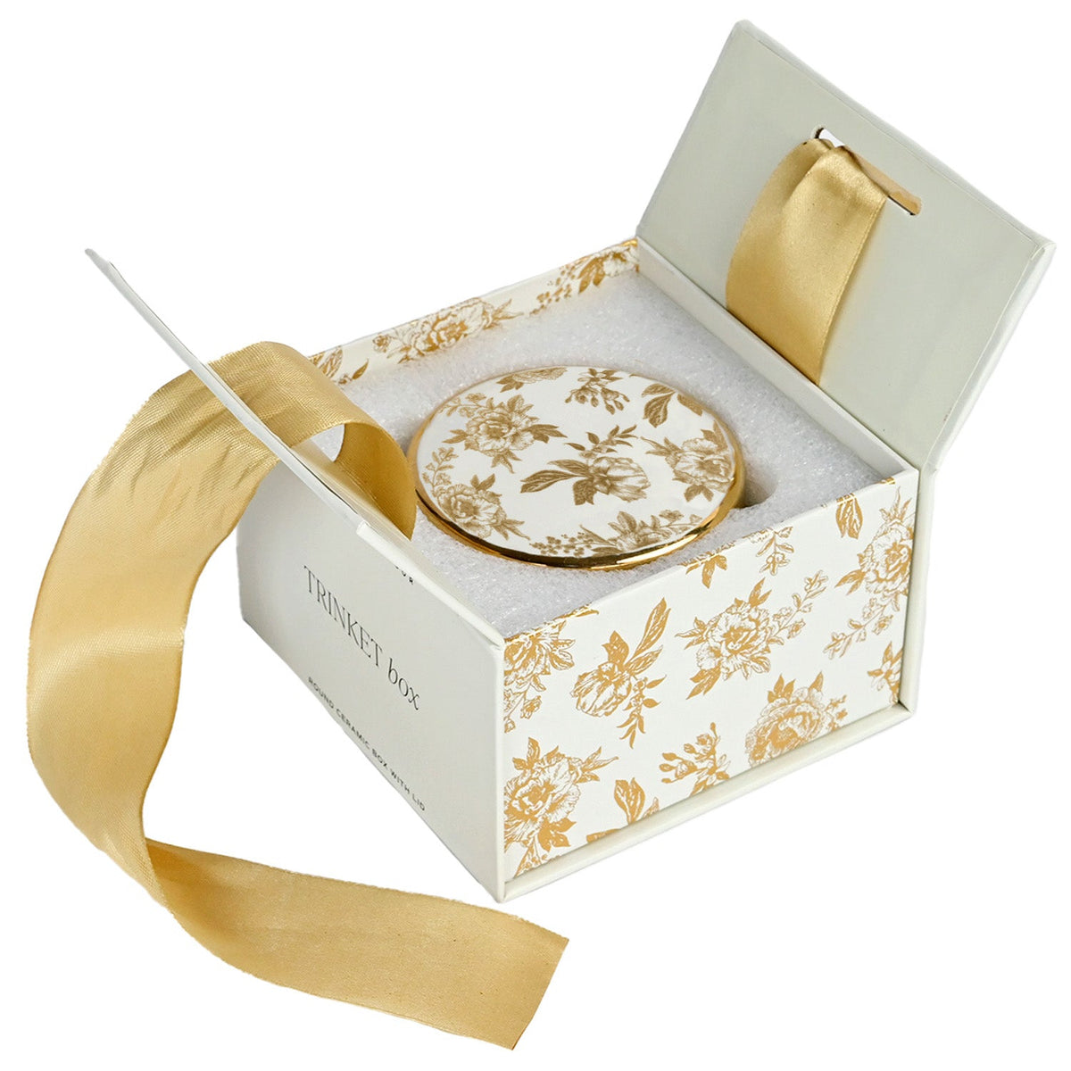 Gold Delft trinket box inside its open gift box