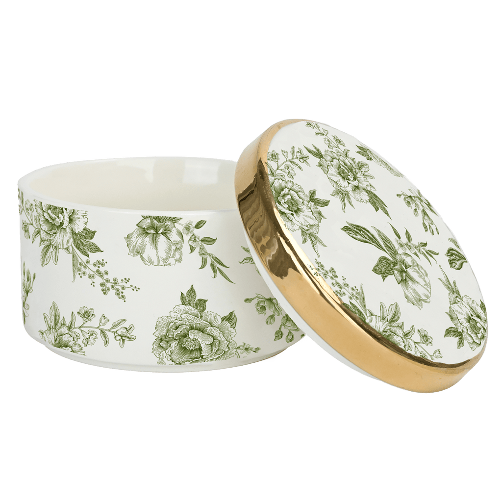 Round ceramic trinket box with lid and green Delft pattern