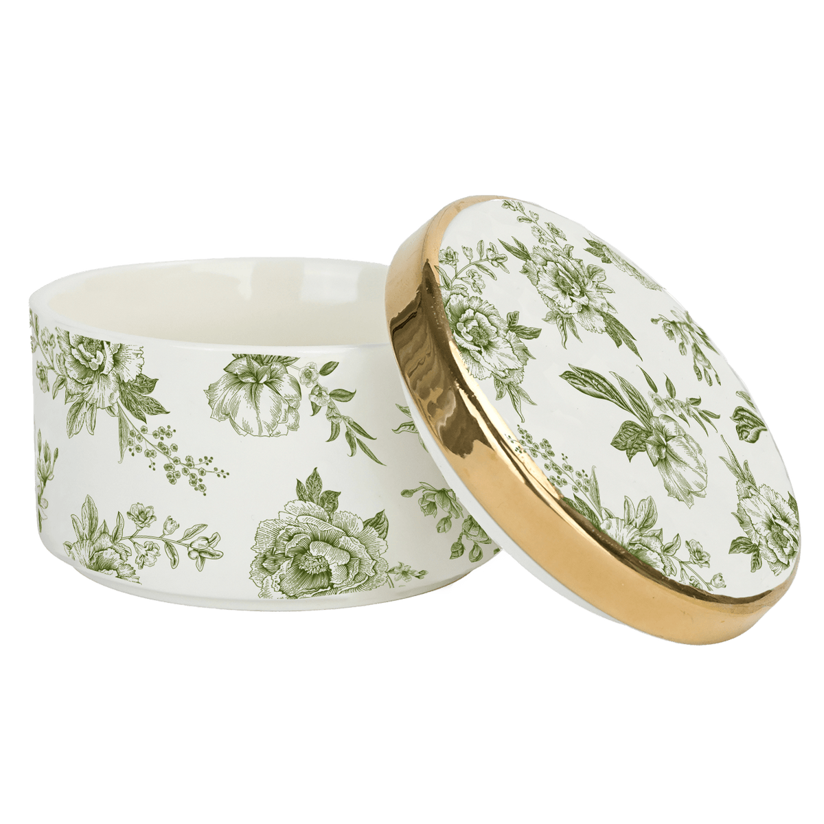 Round ceramic trinket box with lid and green Delft pattern