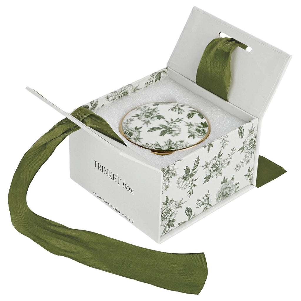 Green Delft trinket box inside its open gift box