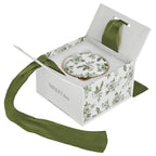 Green Delft trinket box inside its open gift box