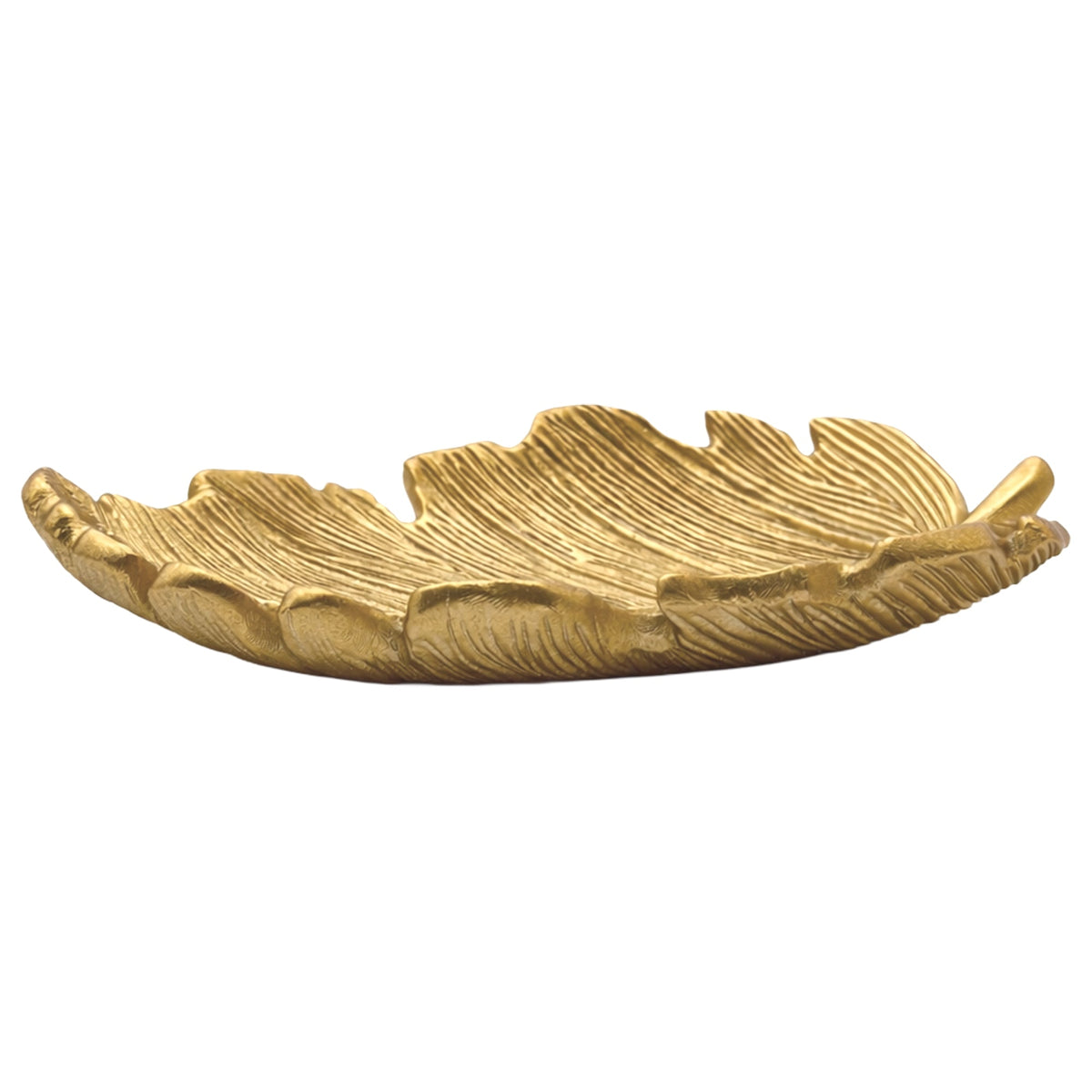 Gold leaf-shaped accessory dish, side view