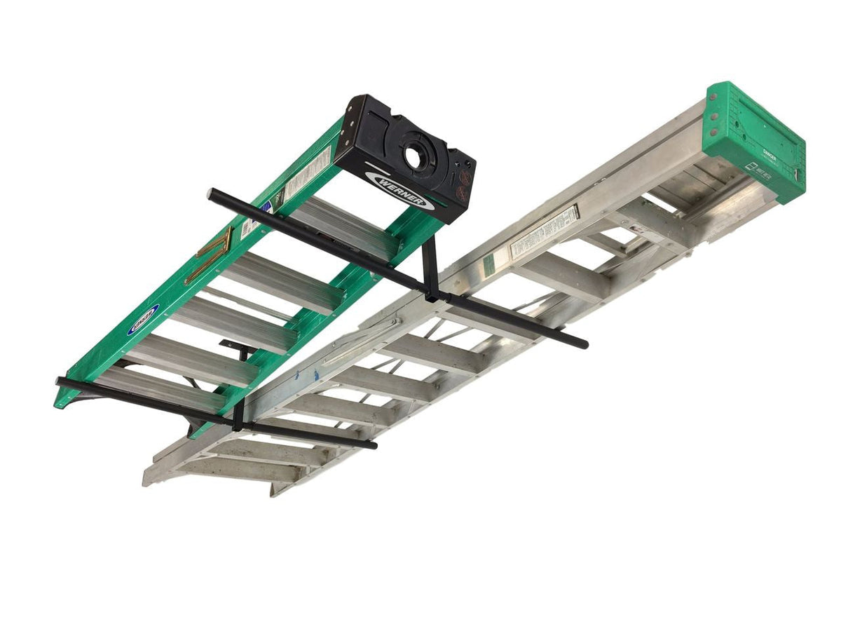 Ladders and a bin stored on the double Hi-Port 2 ceiling rack