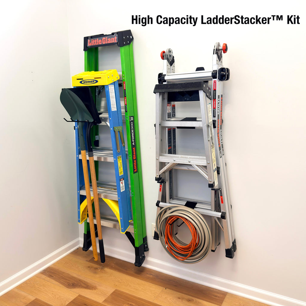 High Capacity LadderStacker kit holding two ladders and a hose on a wall
