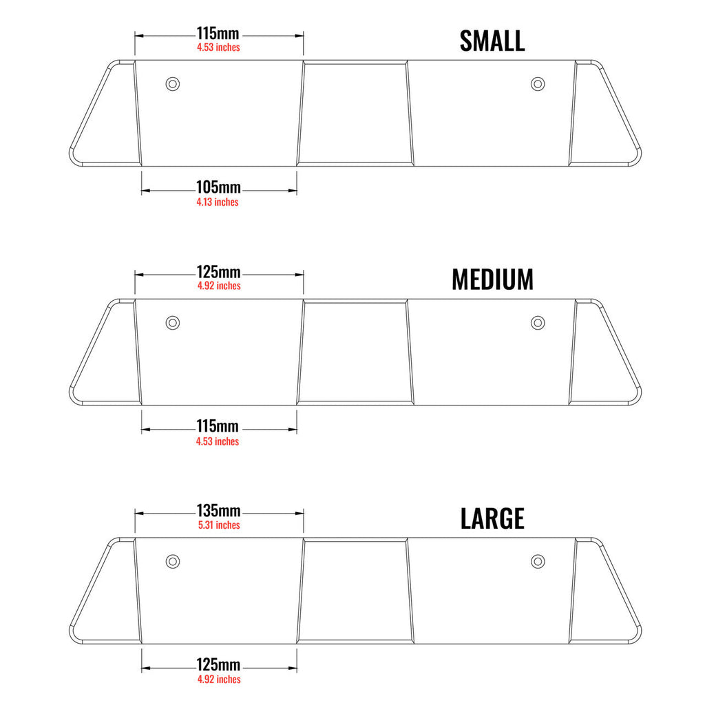 Supplier Vail ski rack sizing chart showing Small, Medium and Large slot dimensions