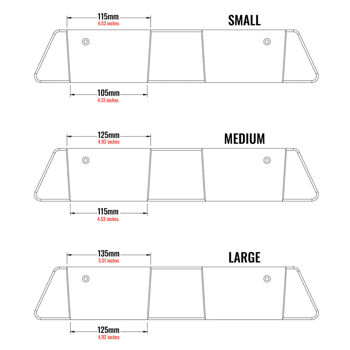 Supplier Vail ski rack sizing chart showing Small, Medium and Large slot dimensions