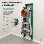 Mixed LadderStacker and StepHook kit holding a ladder and a hose on a wall