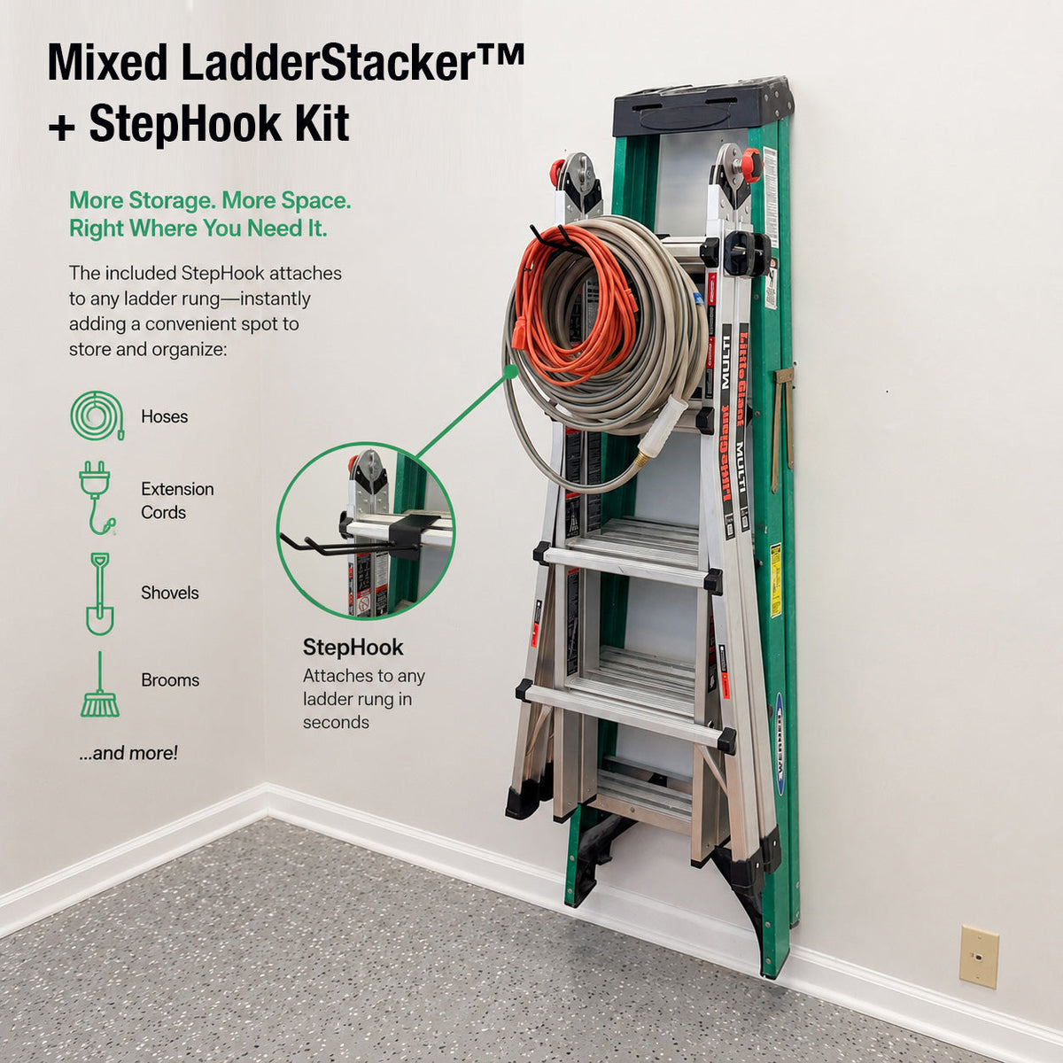 Mixed LadderStacker and StepHook kit holding a ladder and a hose on a wall