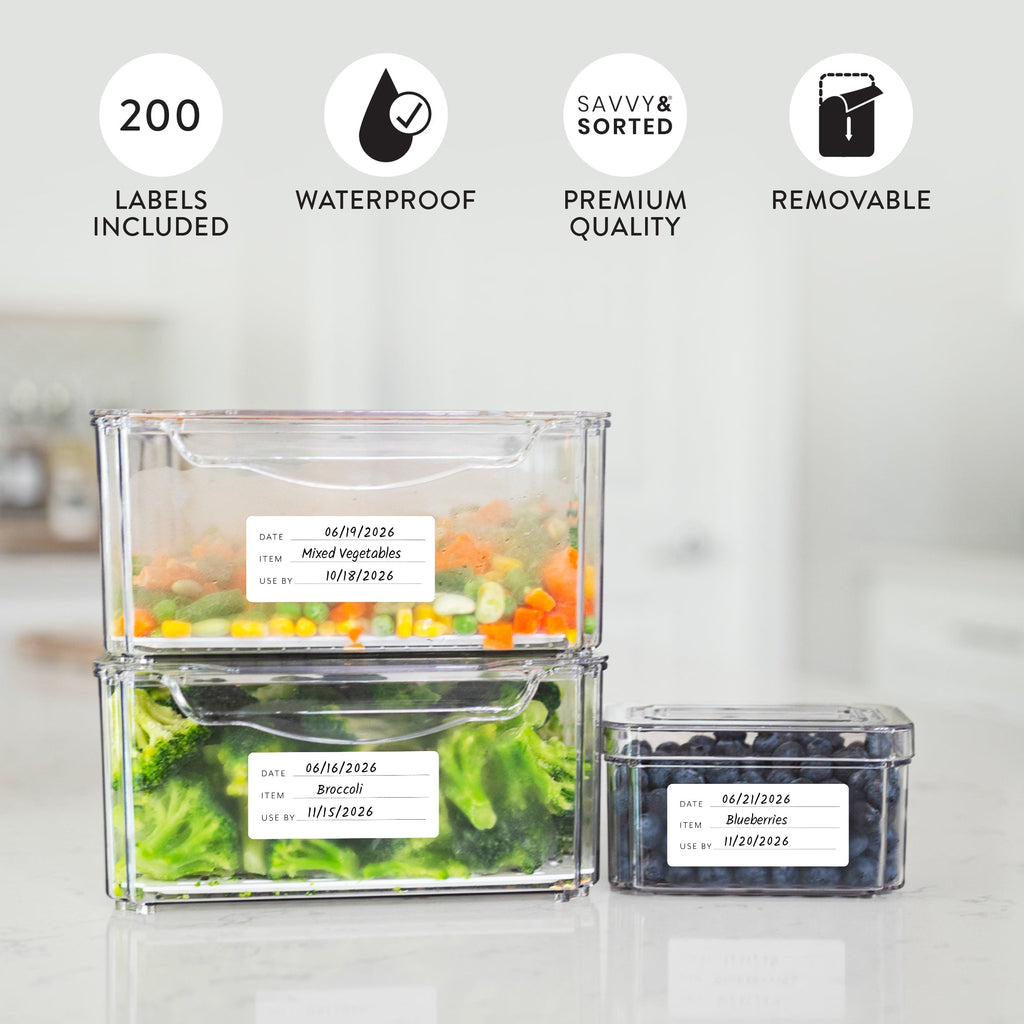 Labeled containers of vegetables and berries; 200 waterproof, removable labels