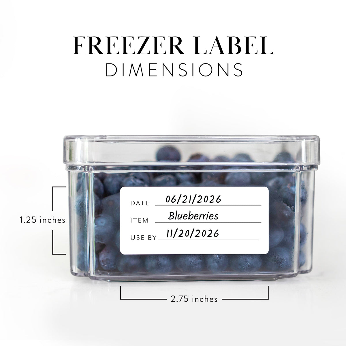 Freezer label size: 2.75 x 1.25 in with date, item and use-by lines